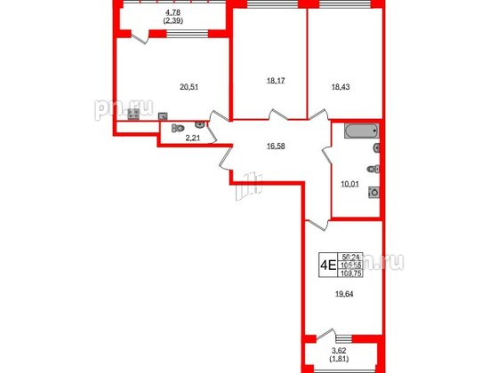 Квартира в ЖК 'Фамилия', 3 комнатная, 109.75 м², 2 этаж