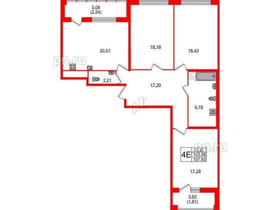 Квартира в ЖК 'Фамилия', 3 комнатная, 107.93 м², 7 этаж