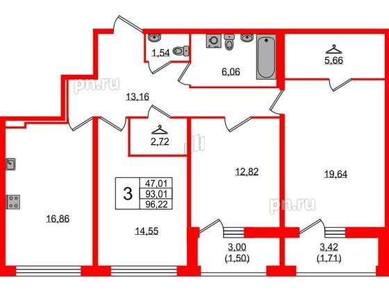 Квартира в ЖК 'Фамилия', 3 комнатная, 96.22 м², 1 этаж