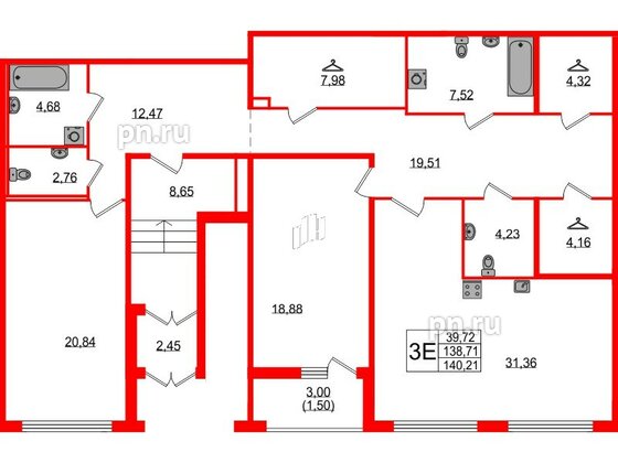 Квартира в ЖК 'Фамилия', 2 комнатная, 140.21 м², 1 этаж