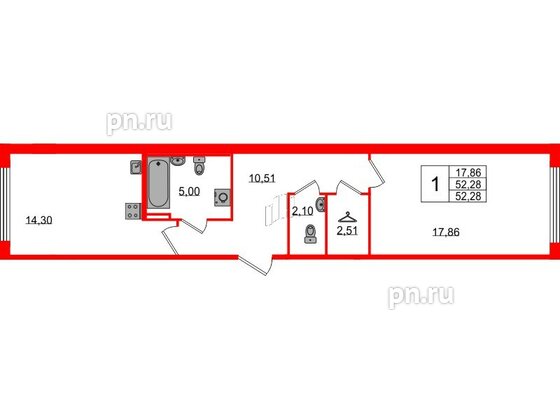 Квартира в ЖК 'Фамилия', 1 комнатная, 52.28 м², 2 этаж