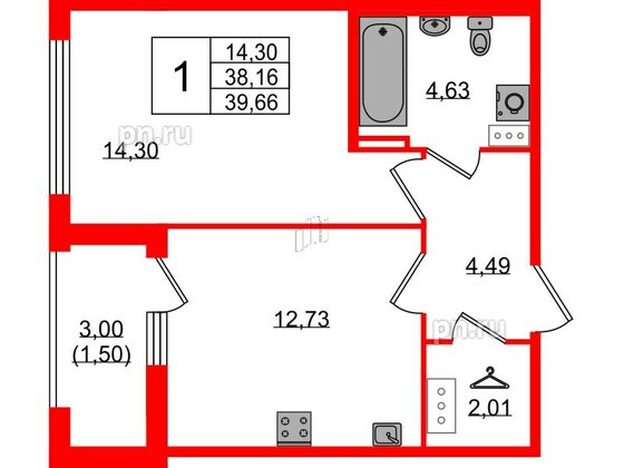 Квартира в ЖК 'Фамилия', 1 комнатная, 39.66 м², 5 этаж