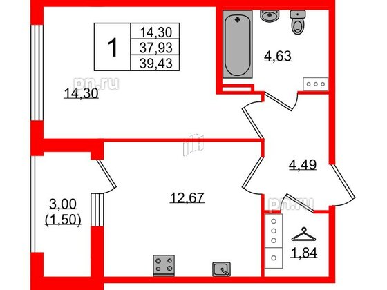 Квартира в ЖК 'Фамилия', 1 комнатная, 39.66 м², 8 этаж