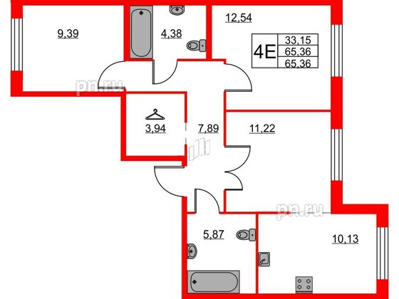 Квартира в ЖК ID Кудрово, 3 комнатная, 65.36 м², 1 этаж