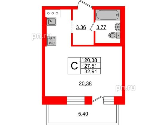 Квартира в ЖК «Северный», студия, 27.51 м², 17 этаж