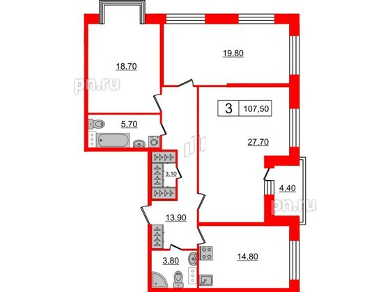 Квартира в ЖК Притяжение, 3 комнатная, 107.5 м², 4 этаж