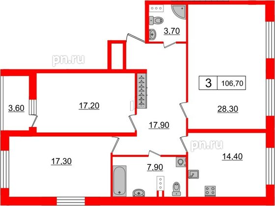 Квартира в ЖК Притяжение, 3 комнатная, 106.7 м², 6 этаж