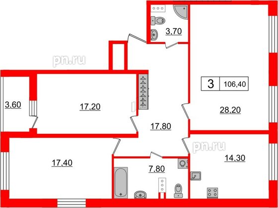 Квартира в ЖК Притяжение, 3 комнатная, 106.4 м², 7 этаж