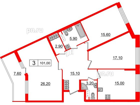 Квартира в ЖК Притяжение, 3 комнатная, 101 м², 2 этаж