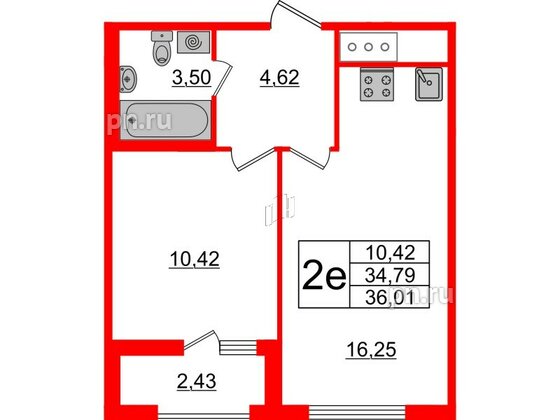 Квартира в ЖК Морская набережная 2, 1 комнатная, 36.01 м², 15 этаж