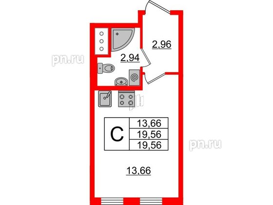 Квартира в ЖК Морская набережная 2, студия, 19.56 м², 14 этаж