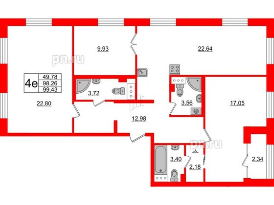 Квартира в ЖК ID Парк Победы, 3 комнатная, 99.43 м², 10 этаж