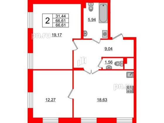 Квартира в ЖК ID Парк Победы, 2 комнатная, 66.61 м², 2 этаж