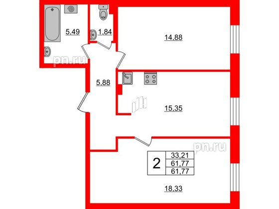 Квартира в ЖК ID Парк Победы, 2 комнатная, 61.77 м², 2 этаж