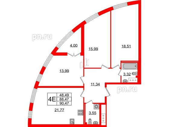 Квартира в ЖК Морская набережная.SeaView 2, 3 комнатная, 90.47 м², 10 этаж