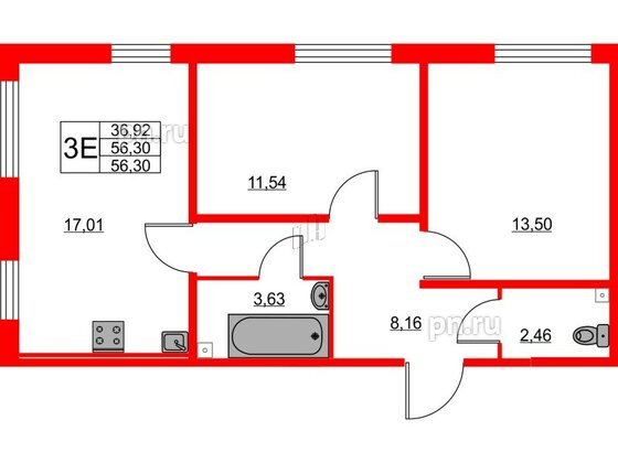 Квартира в ЖК 'Морская миля', 2 комнатная, 56.5 м², 2 этаж