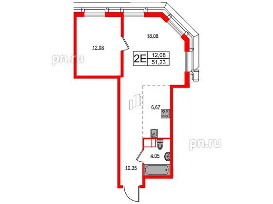 Квартира в ЖК Акцент, 1 комнатная, 50.9 м², 7 этаж