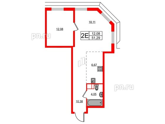 Квартира в ЖК Акцент, 1 комнатная, 50.9 м², 9 этаж