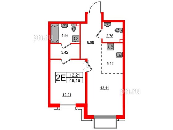 Квартира в ЖК Акцент, 1 комнатная, 48.2 м², 8 этаж