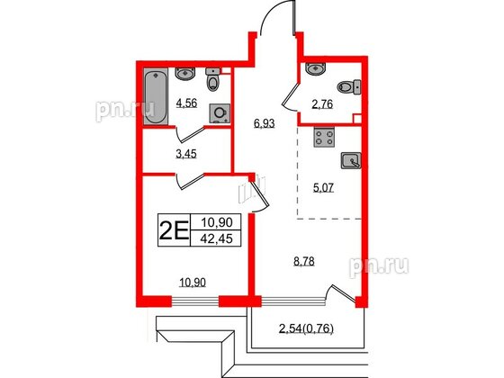 Квартира в ЖК Акцент, 1 комнатная, 42.9 м², 9 этаж