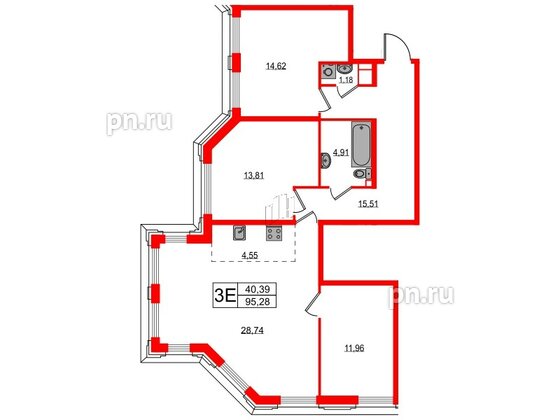 Квартира в ЖК Акцент, 3 комнатная, 94.6 м², 3 этаж