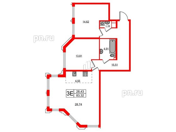 Квартира в ЖК Акцент, 2 комнатная, 83 м², 4 этаж