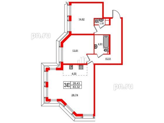 Квартира в ЖК Акцент, 2 комнатная, 82.8 м², 5 этаж