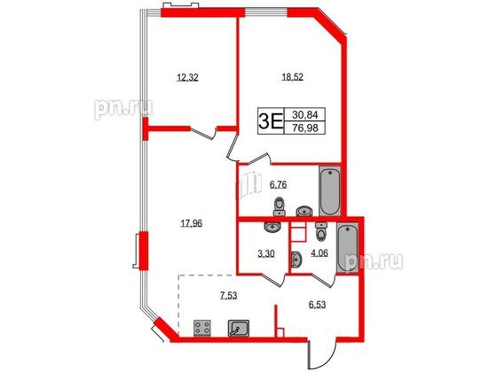 Квартира в ЖК Акцент, 2 комнатная, 76.5 м², 2 этаж