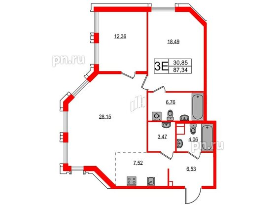 Квартира в ЖК Акцент, 2 комнатная, 86.9 м², 8 этаж