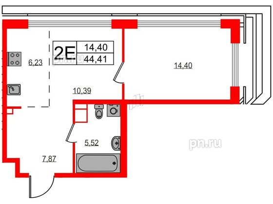 Квартира в ЖК Акцент, 1 комнатная, 44 м², 9 этаж