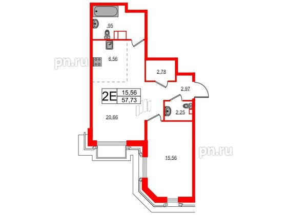 Квартира в ЖК Акцент, 1 комнатная, 57.3 м², 5 этаж