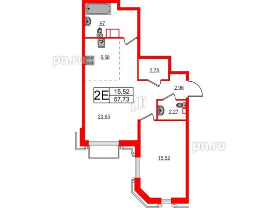 Квартира в ЖК Акцент, 1 комнатная, 57.2 м², 6 этаж