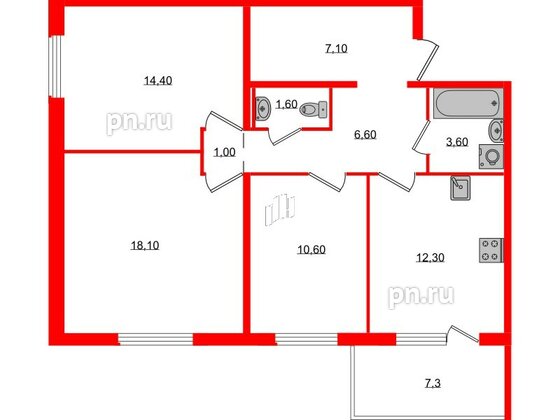 Квартира в ЖК «Юттери», 3 комнатная, 77.49 м², 1 этаж