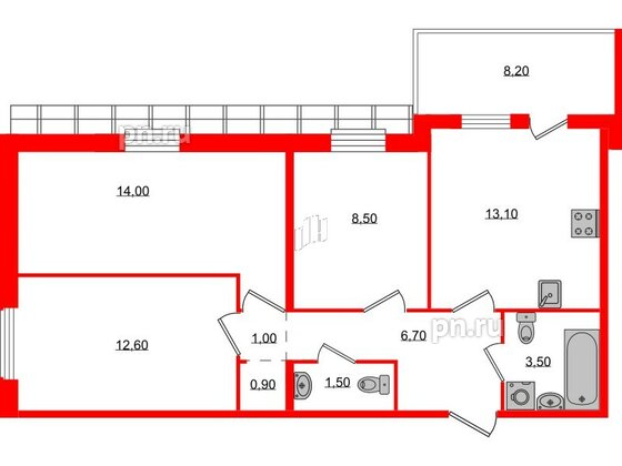 Квартира в ЖК «Юттери», 3 комнатная, 64.26 м², 5 этаж