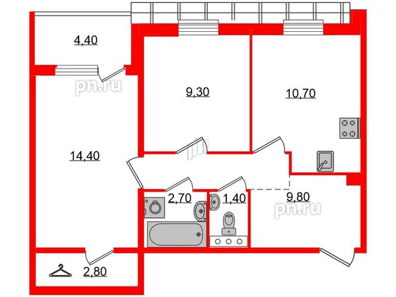 Квартира в ЖК «Юттери», 2 комнатная, 53.3 м², 5 этаж