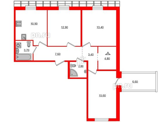 Квартира в ЖК «Юттери», 3 комнатная, 78.4 м², 5 этаж