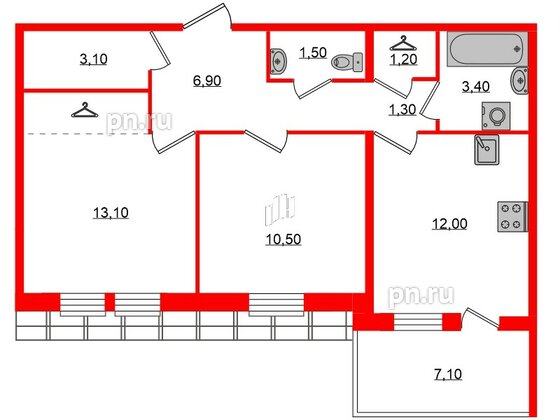 Квартира в ЖК «Юттери», 2 комнатная, 55.1 м², 5 этаж