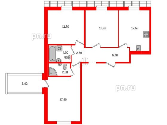 Квартира в ЖК «Юттери», 3 комнатная, 77.8 м², 5 этаж