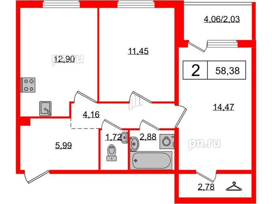 Квартира в ЖК «Юттери», 2 комнатная, 57.9 м², 1 этаж