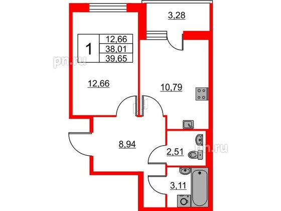 Квартира в ЖК iD Murino II, 1 комнатная, 39.65 м², 1 этаж