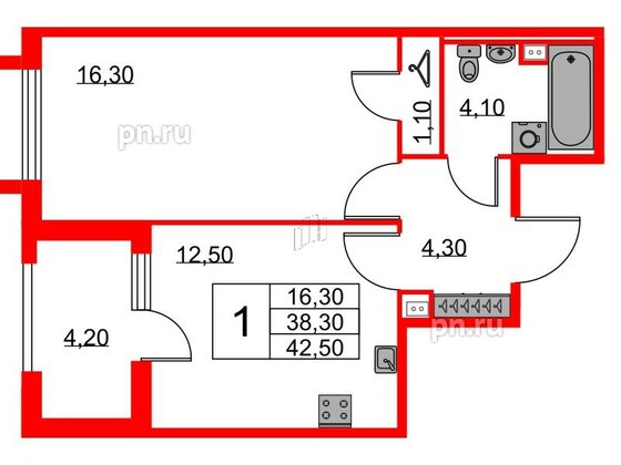 Квартира в ЖК Югтаун, 1 комнатная, 38.3 м², 1 этаж