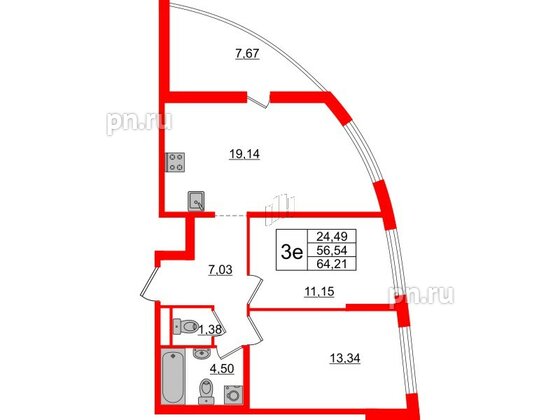 Квартира в ЖК ЦДС Новые горизонты-2, 2 комнатная, 56.54 м², 21 этаж