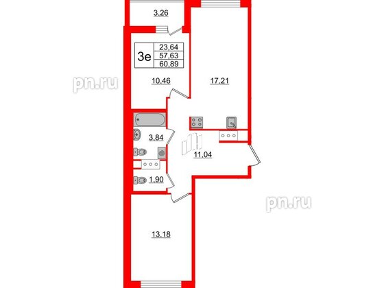 Квартира в ЖК ЦДС Новые горизонты-2, 2 комнатная, 57.63 м², 16 этаж