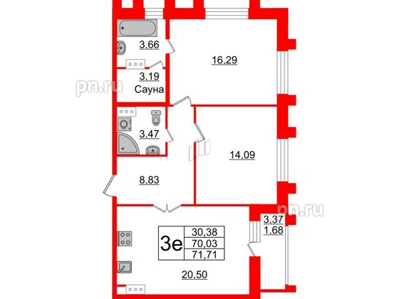 Квартира в ЖК Modum, 2 комнатная, 71.71 м², 12 этаж