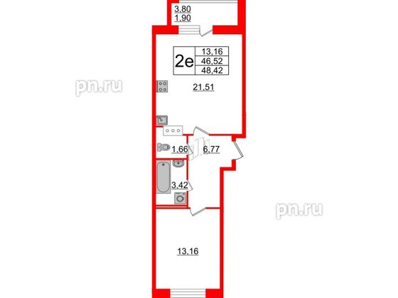 Квартира в ЖК Modum, 1 комнатная, 48.42 м², 3 этаж