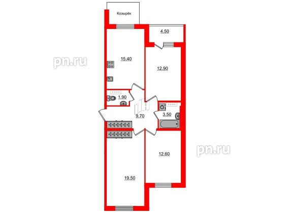 Квартира в ЖК «Юттери», 3 комнатная, 77.8 м², 2 этаж