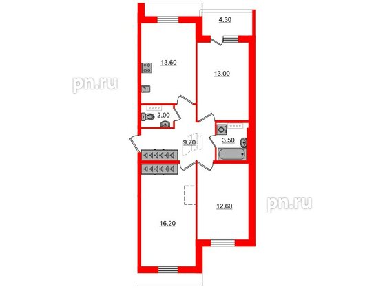 Квартира в ЖК «Юттери», 3 комнатная, 72.8 м², 5 этаж