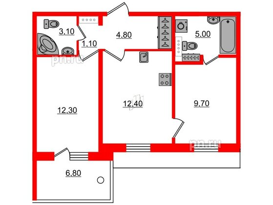 Квартира в ЖК «Юттери», 2 комнатная, 50.4 м², 5 этаж