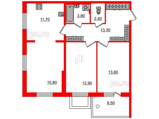 Квартира в ЖК «Юттери», 3 комнатная, 75.5 м², 1 этаж