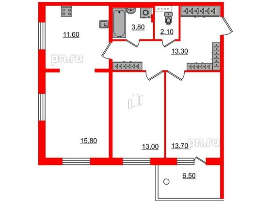 Квартира в ЖК «Юттери», 3 комнатная, 75.3 м², 2 этаж